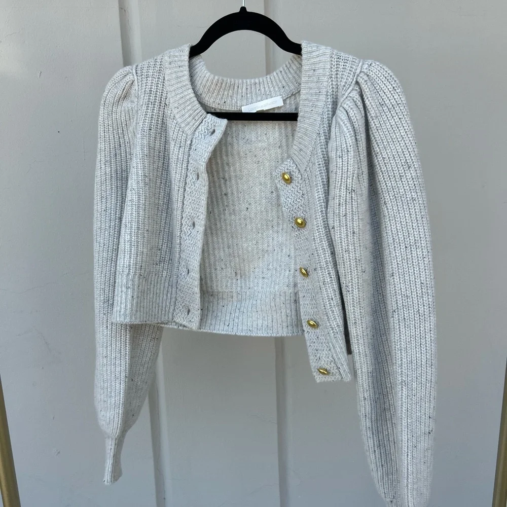 Loveshackfancy wool cardigan cropped sweater with gold buttons size xs grey